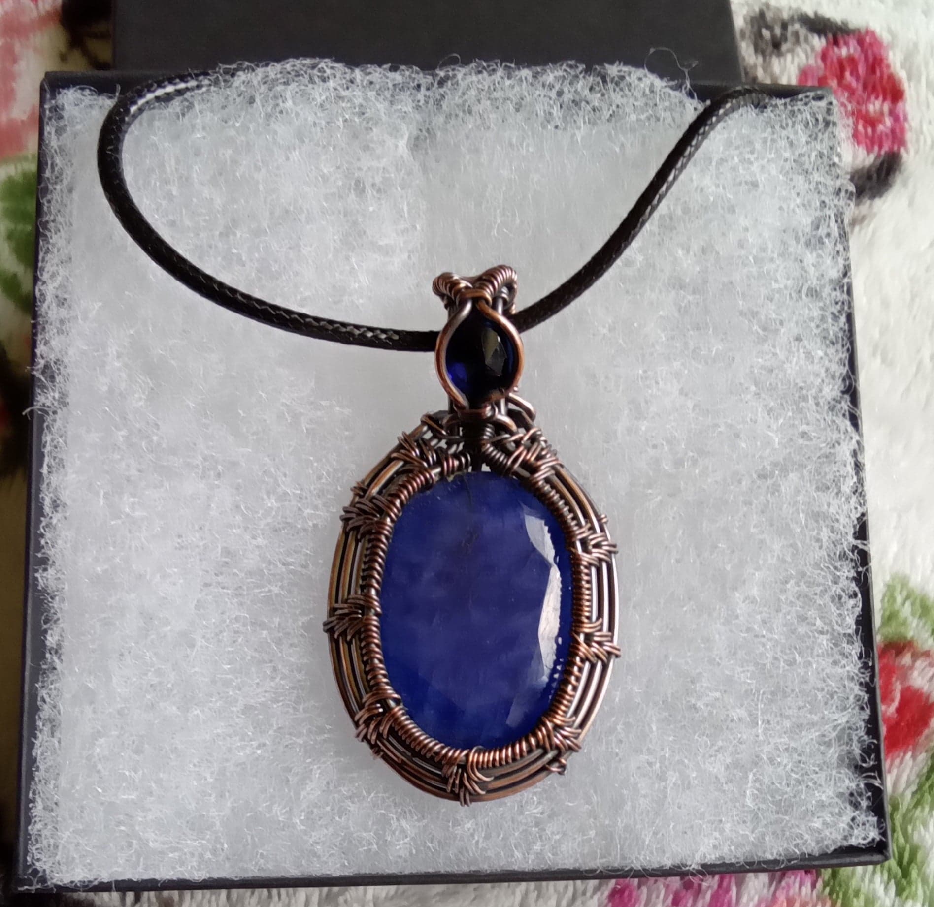Blue Sapphire Copper Pendant Wire Wrapped Gemstone Pendant
