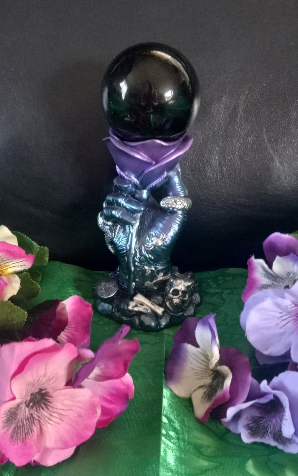 Silver obsidian crystal ball with Witches Hand Rose Stand