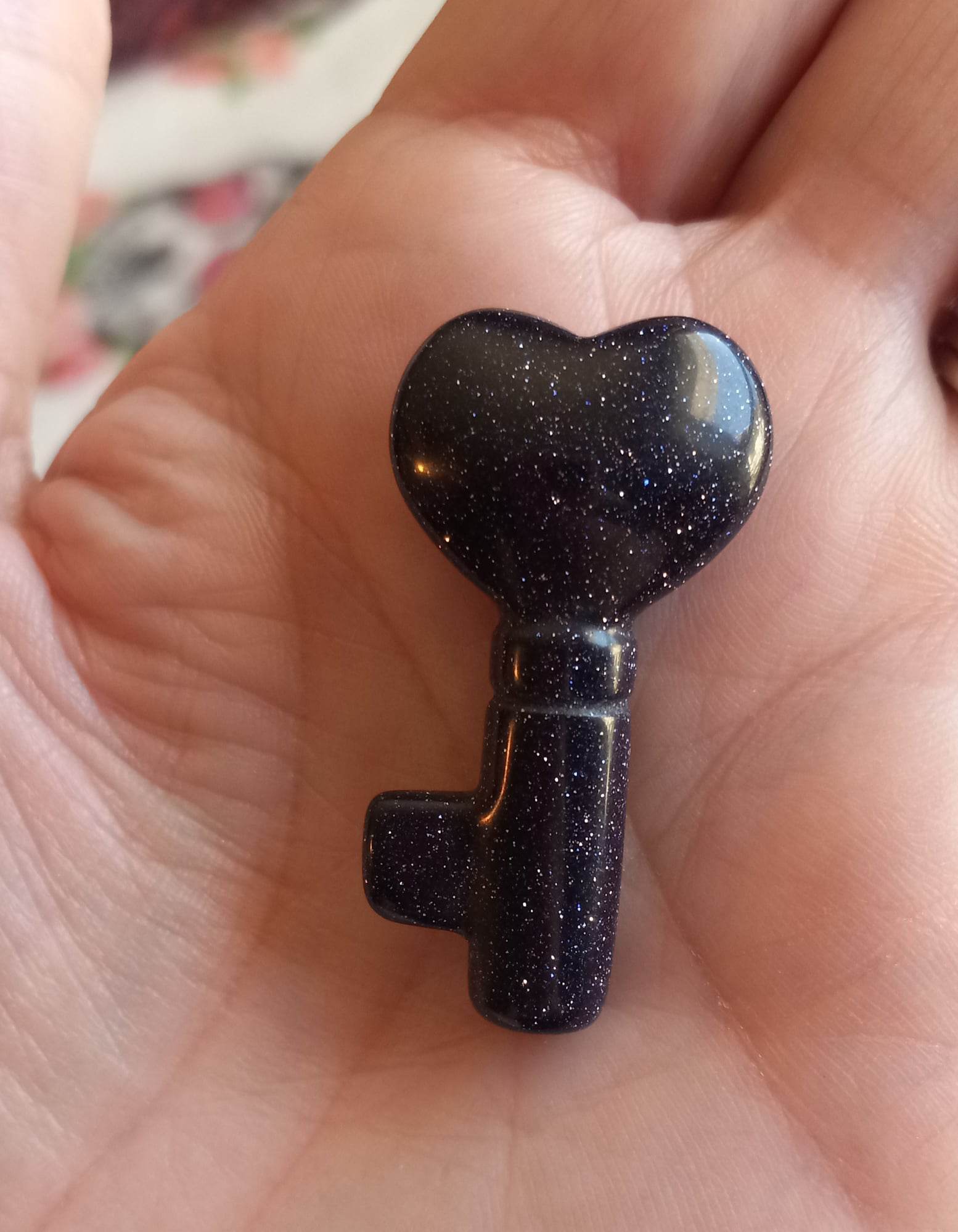 Blue Goldstone stone Heart Key hand carved Crystal