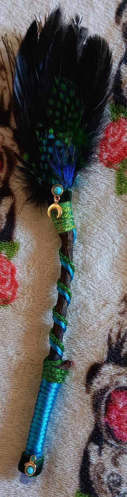 Blue and Black Feather Mini Smudge Fan w/Moon charm