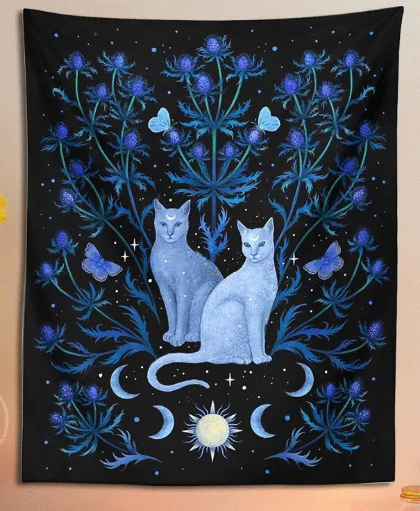 Blue Cat Tapestry Psychedelic Moon Sun and Leaf Flower Tapestry