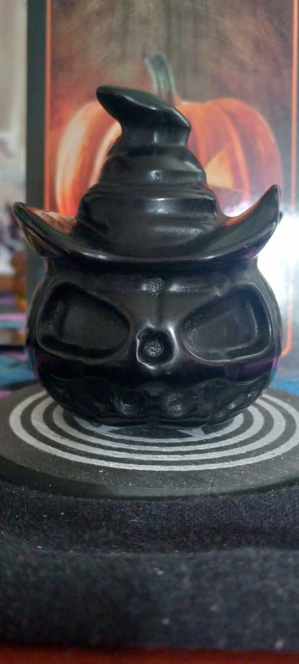 Handcarved Obsidian Pumpkin Witch - Click Image to Close