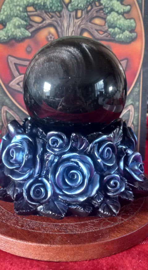 Silver Obsidian crystal ball with blue roses resin stand - Click Image to Close
