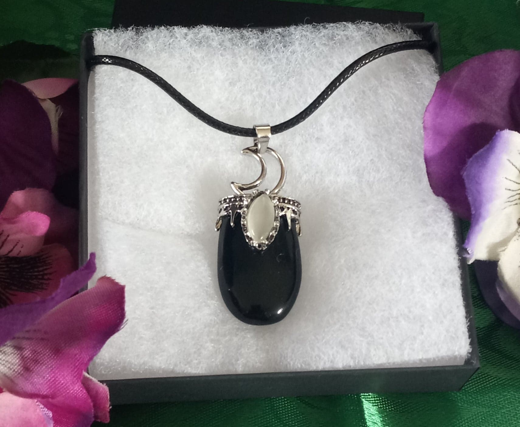 Black obsidian and moonstone Witches Moon Necklace - Click Image to Close