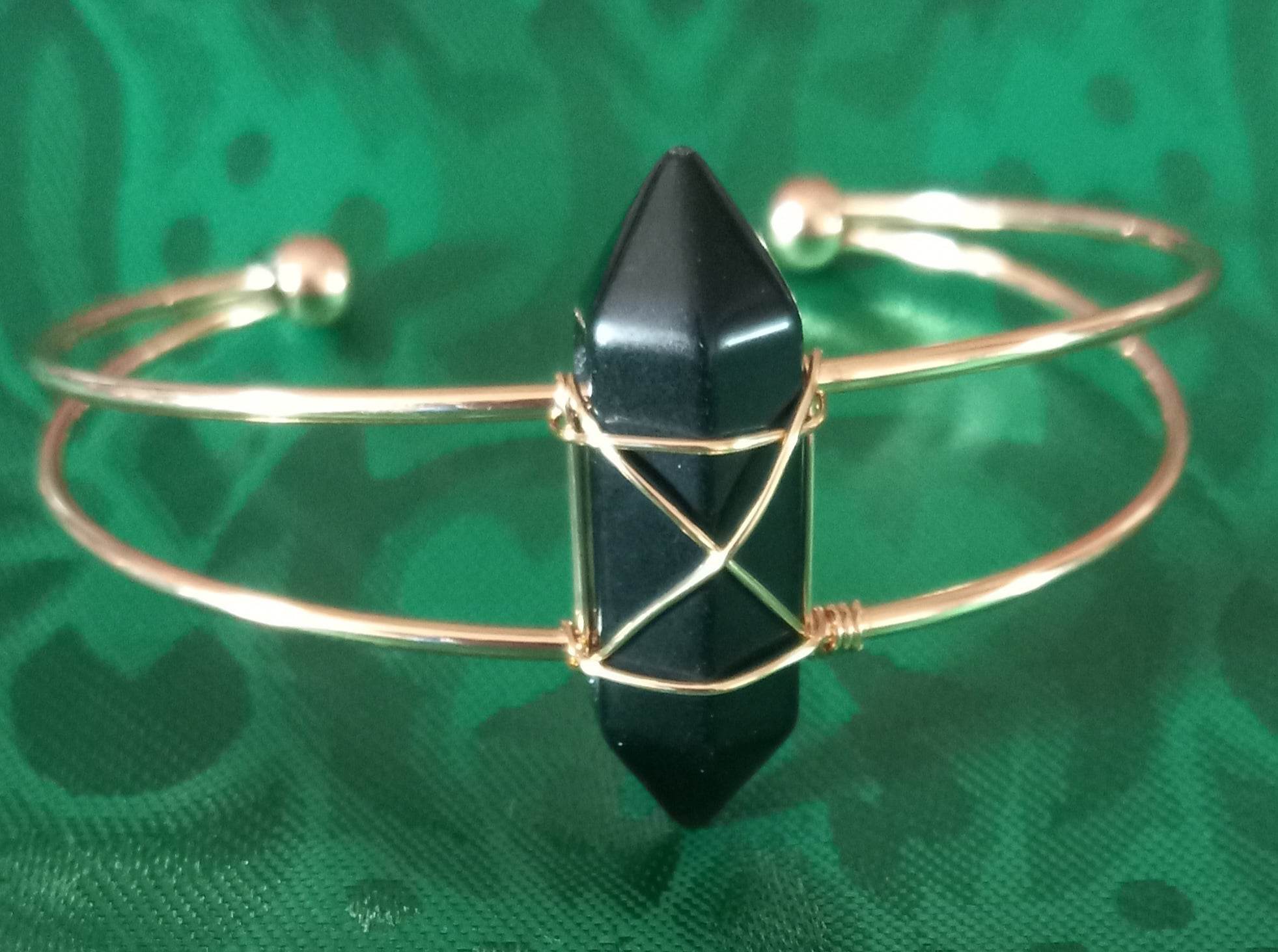 Black Onyx crystal Handmade Copper Wire Binding Adjustable Bangle - Click Image to Close