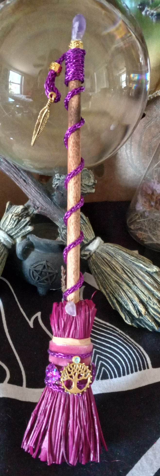 Mini Handmade Purple Embellished Altar Broom - Click Image to Close
