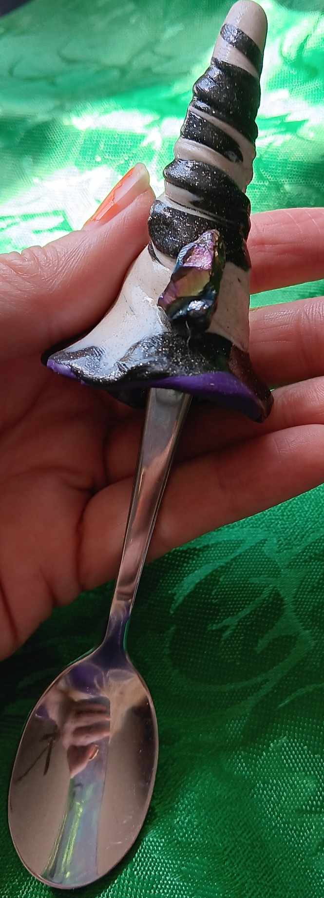 Witch Spoon white and purple stripe Witches Hat with Crystal