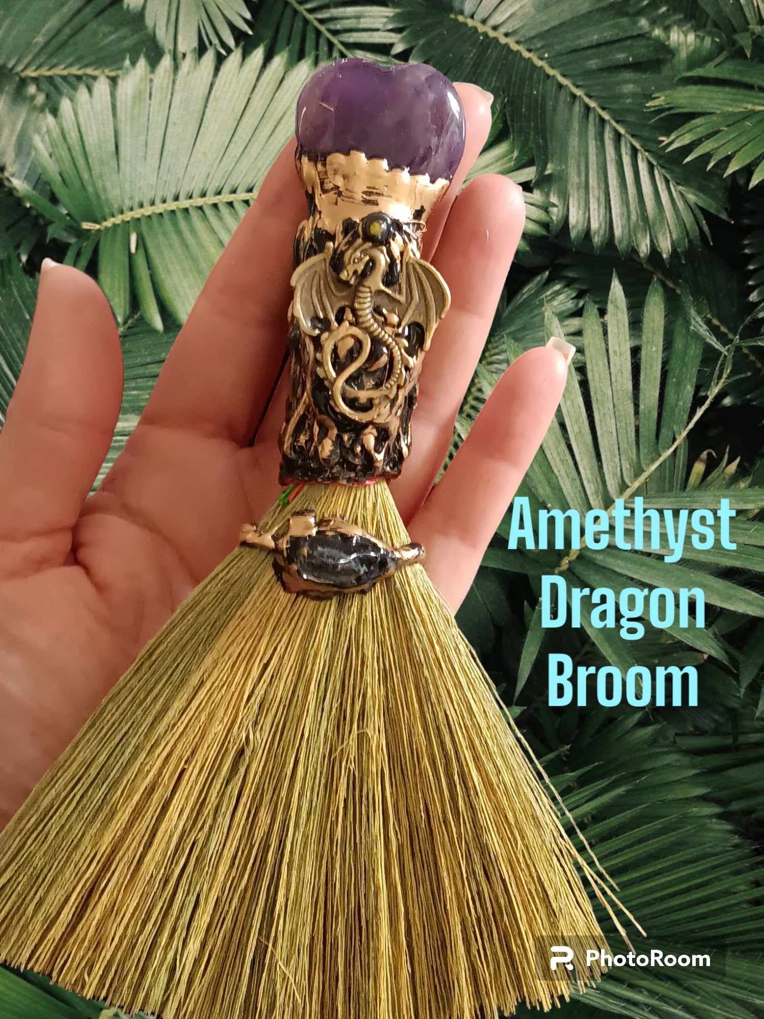 Amethyst Heart Crystal Broom with Dragon Charm