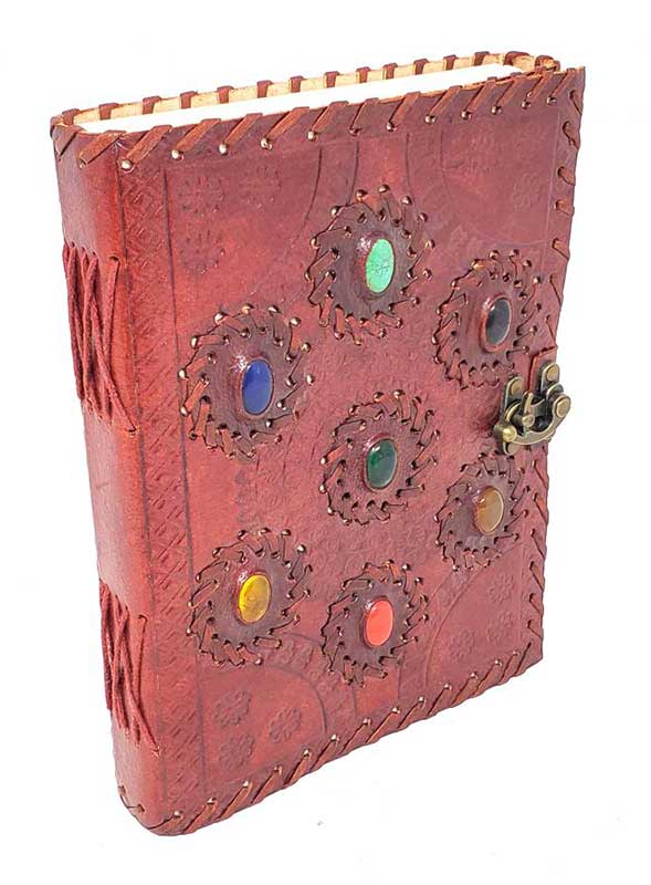 6" x 8" 7 Chakra stones Embossed leather w/ latch - Click Image to Close