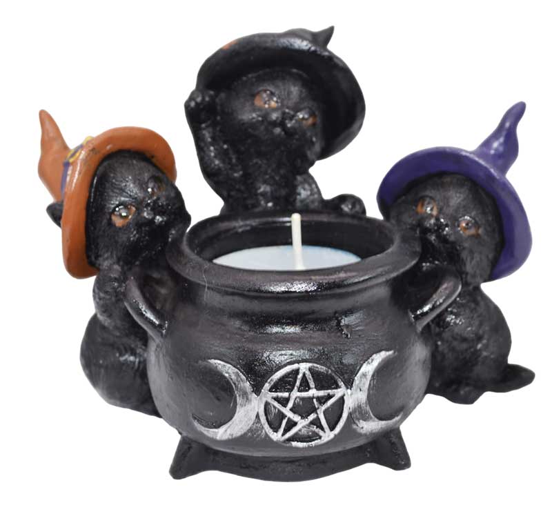 Witchy Cats around Cauldron tealight holder - Click Image to Close
