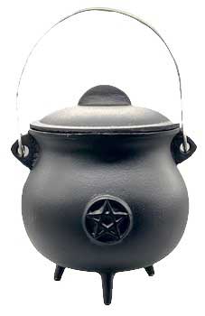 8" Pentagram cast iron cauldron w/ lid - Click Image to Close