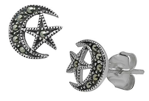 Moon & Star Marcasite Studs - Click Image to Close