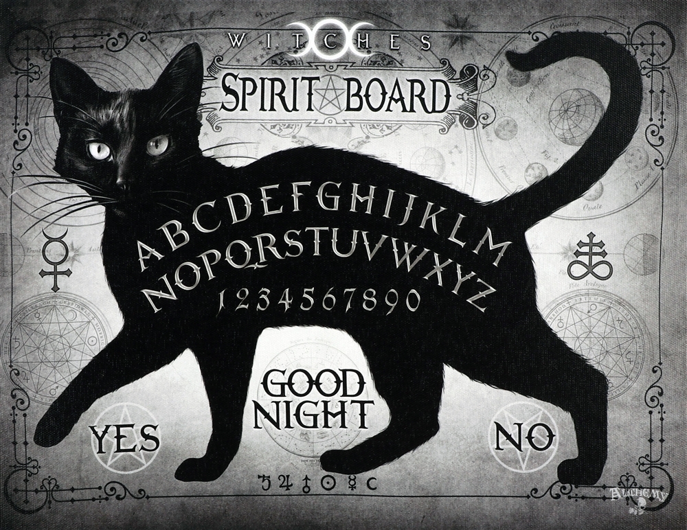 BLACK CAT WITCHES SPIRIT BOARD CANVAS PRINT BY ALCHEMY GOTHIC OF ENGLAND - Click Image to Close
